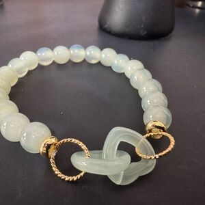 Mint Green Beaded Bracelet with Resin Link Accent & Gold-Tone Details